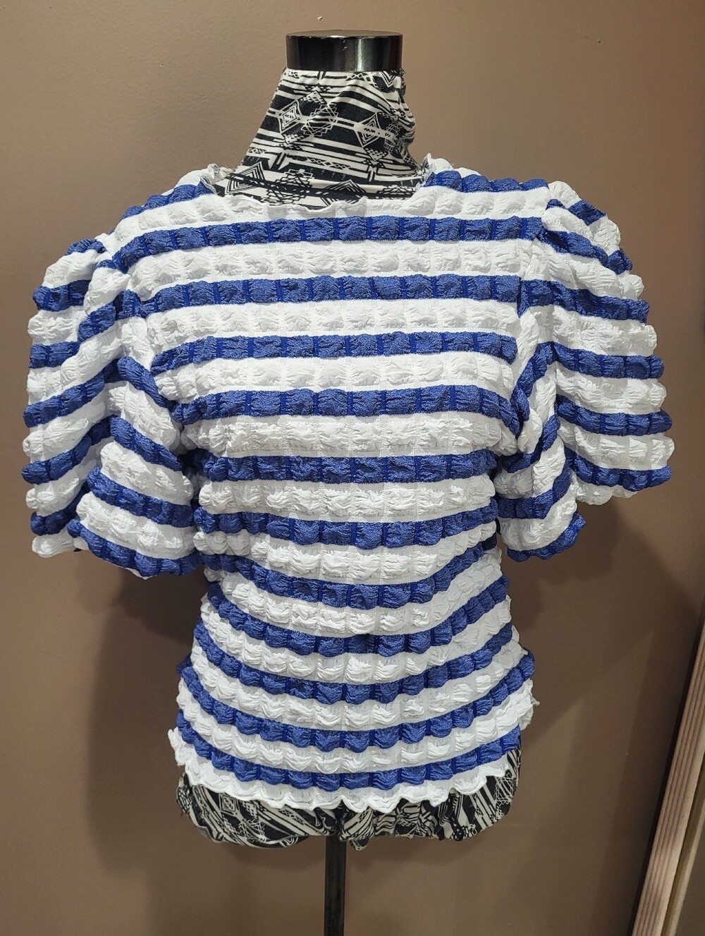 Kaktus Blue and White Popcorn Textured Puff-Sleeve Blouse